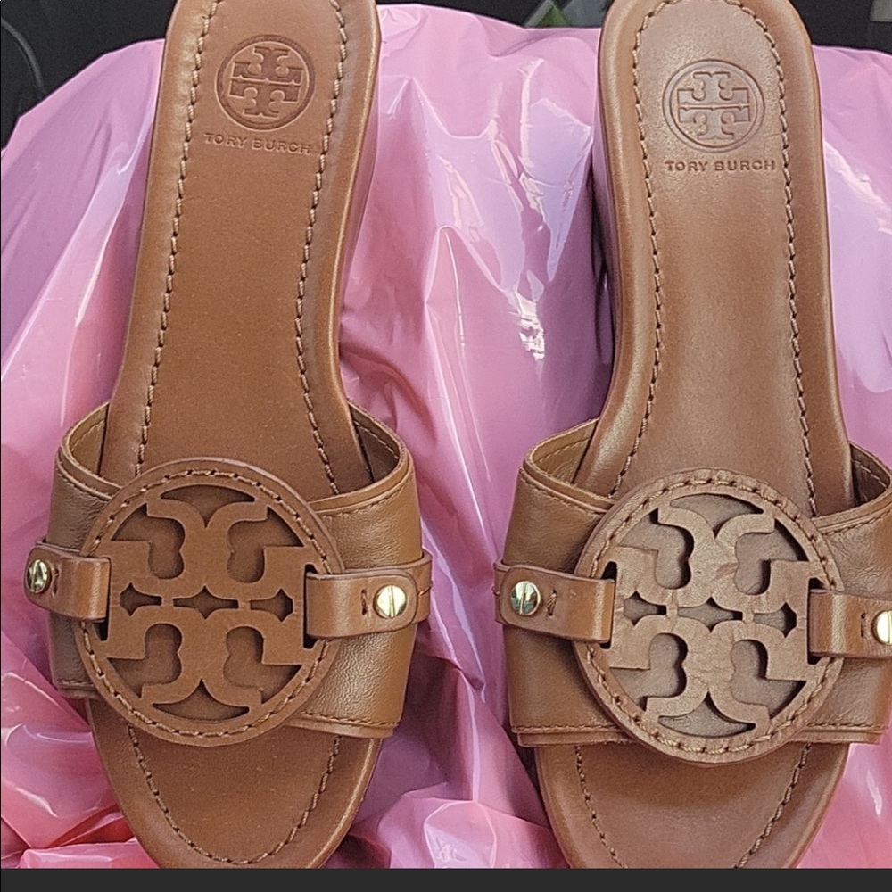 TORY BURCH BROWN LEATHER MADALENA PLATFORM SLIDE